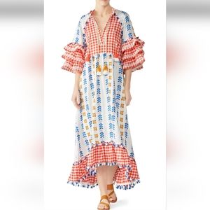 Dodo Bar Or Lola Combo Dress Red Blue Fringe Medium Tiered Sleeves